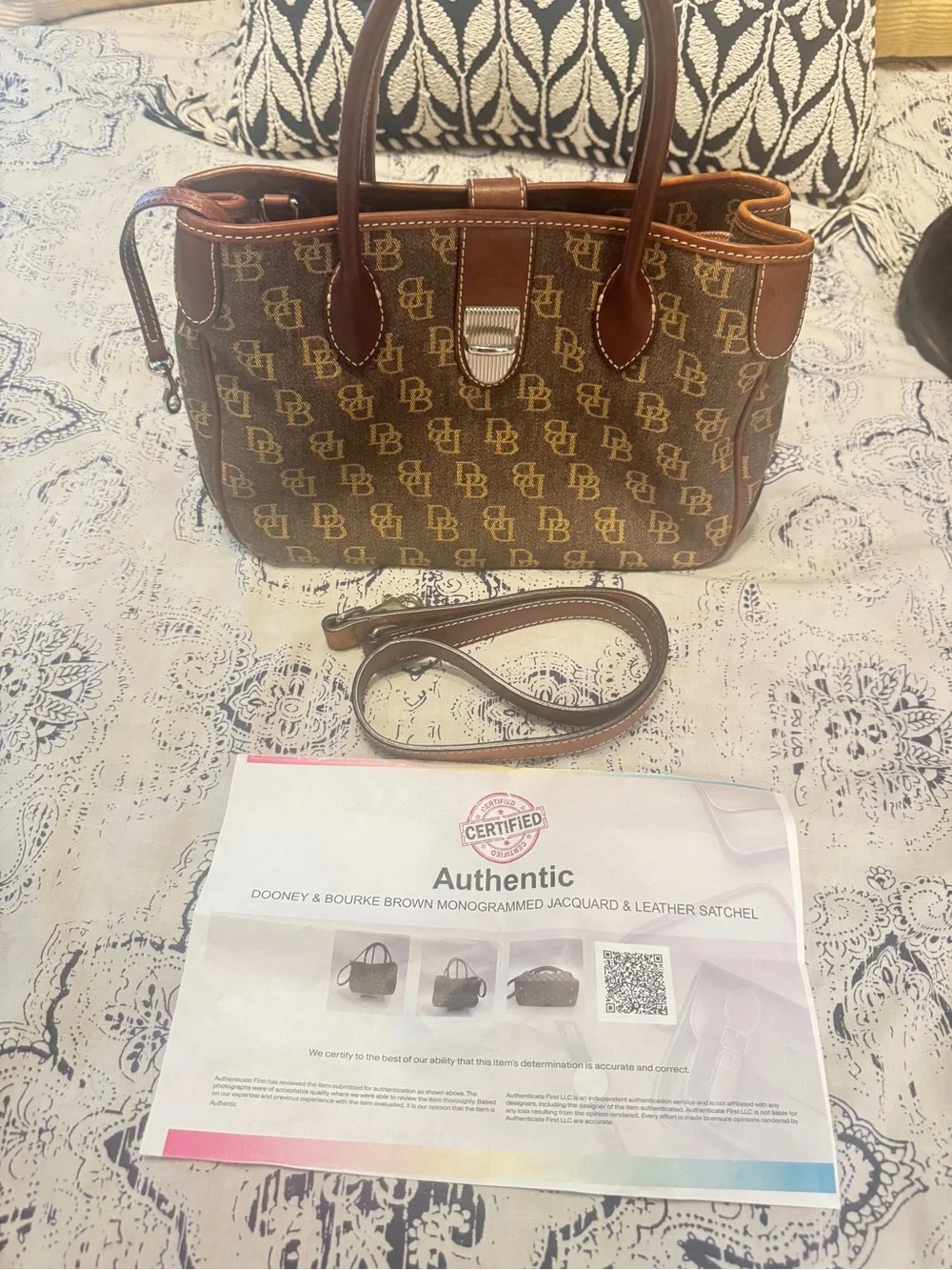 Dooney & Bourke Vintage Brown Monogram Jacquard Leather Satchel - Picture 1 of 11